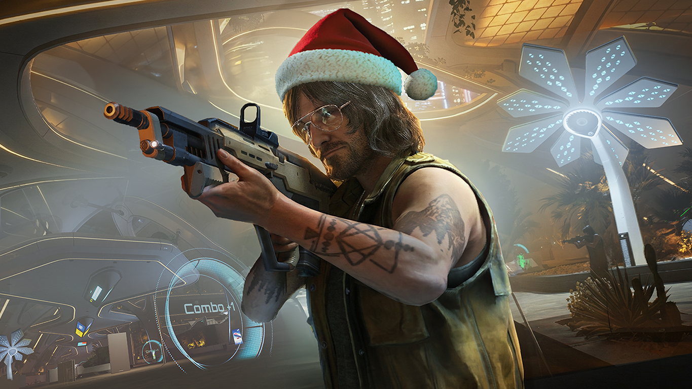 Gunman in a Santa hat aiming a rifle inside a futuristic terminal, with a combo counter on screen